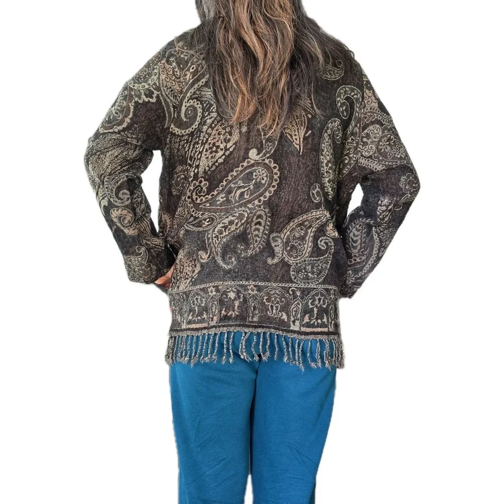 Soft Surroundings 100% Wool‎ Paisley Cardigan Sweater Women's 1X Boho Fringe...
